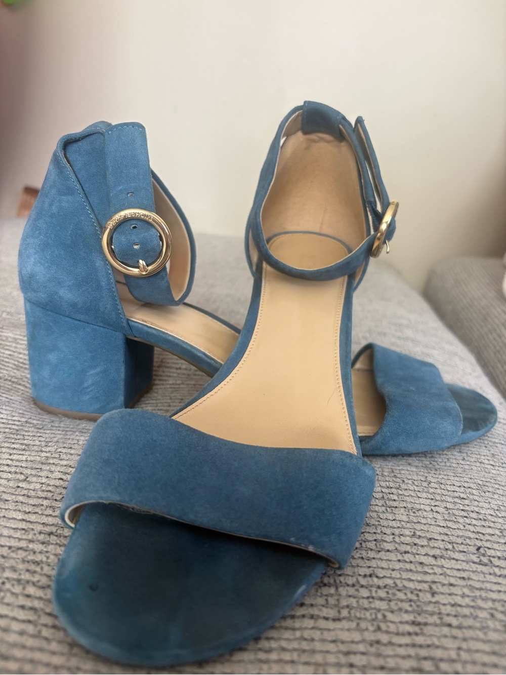 Michael Kors Teal Suede Block Heel Sandals with Gold Buckle
